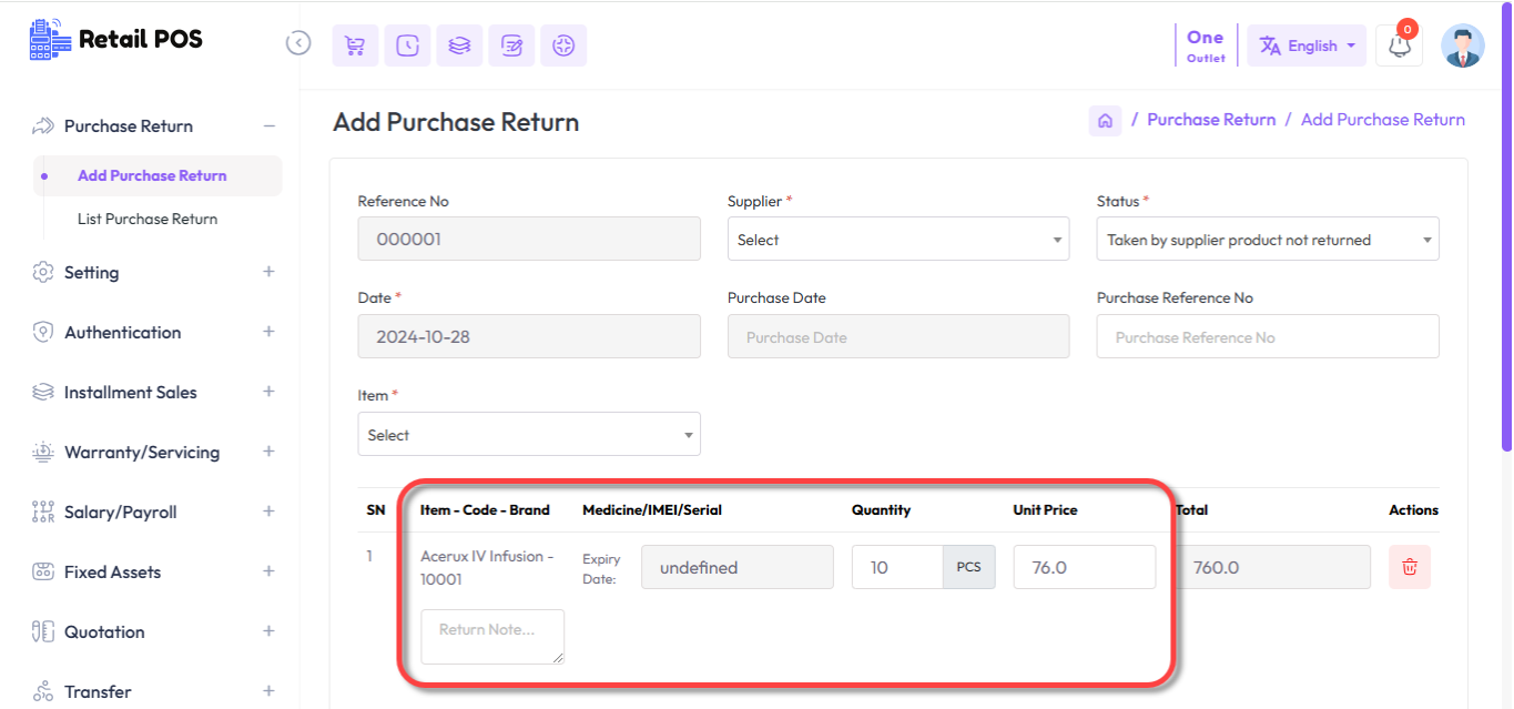 Medicine Purchase Return